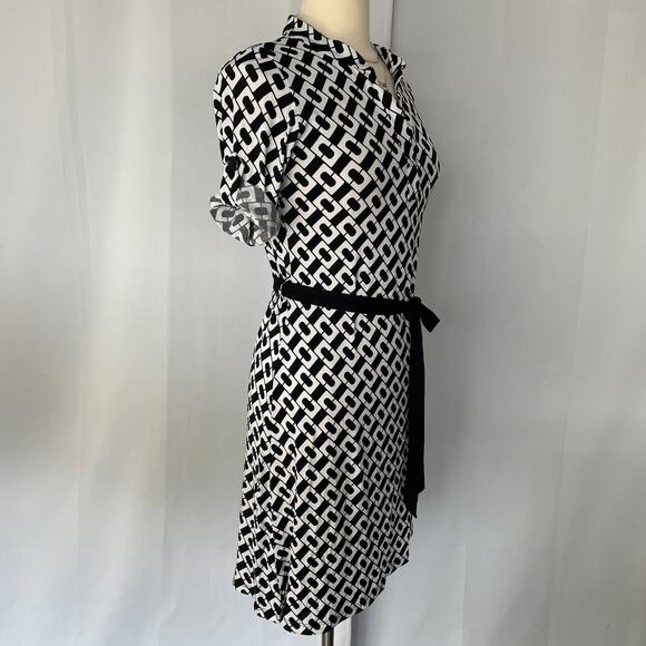 Y2K Dress Size Medium Black White Retro Geo Print Geek Office Mod Stretch 90s - Picture 6 of 12